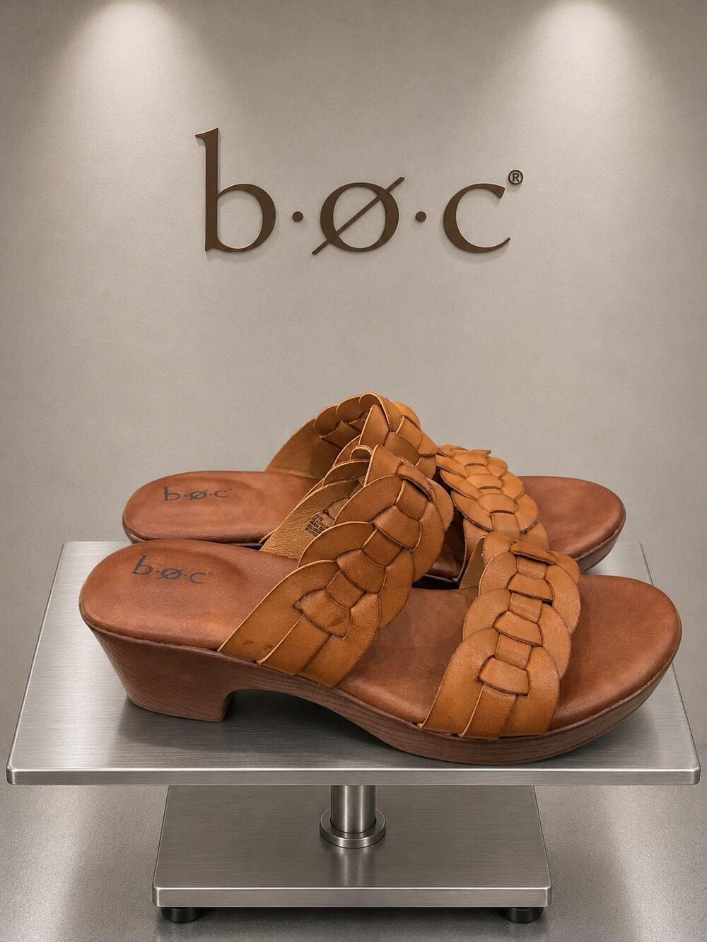 b.o.c. Born Concept Tan Braided Leather Slide Sandals Heels 9M